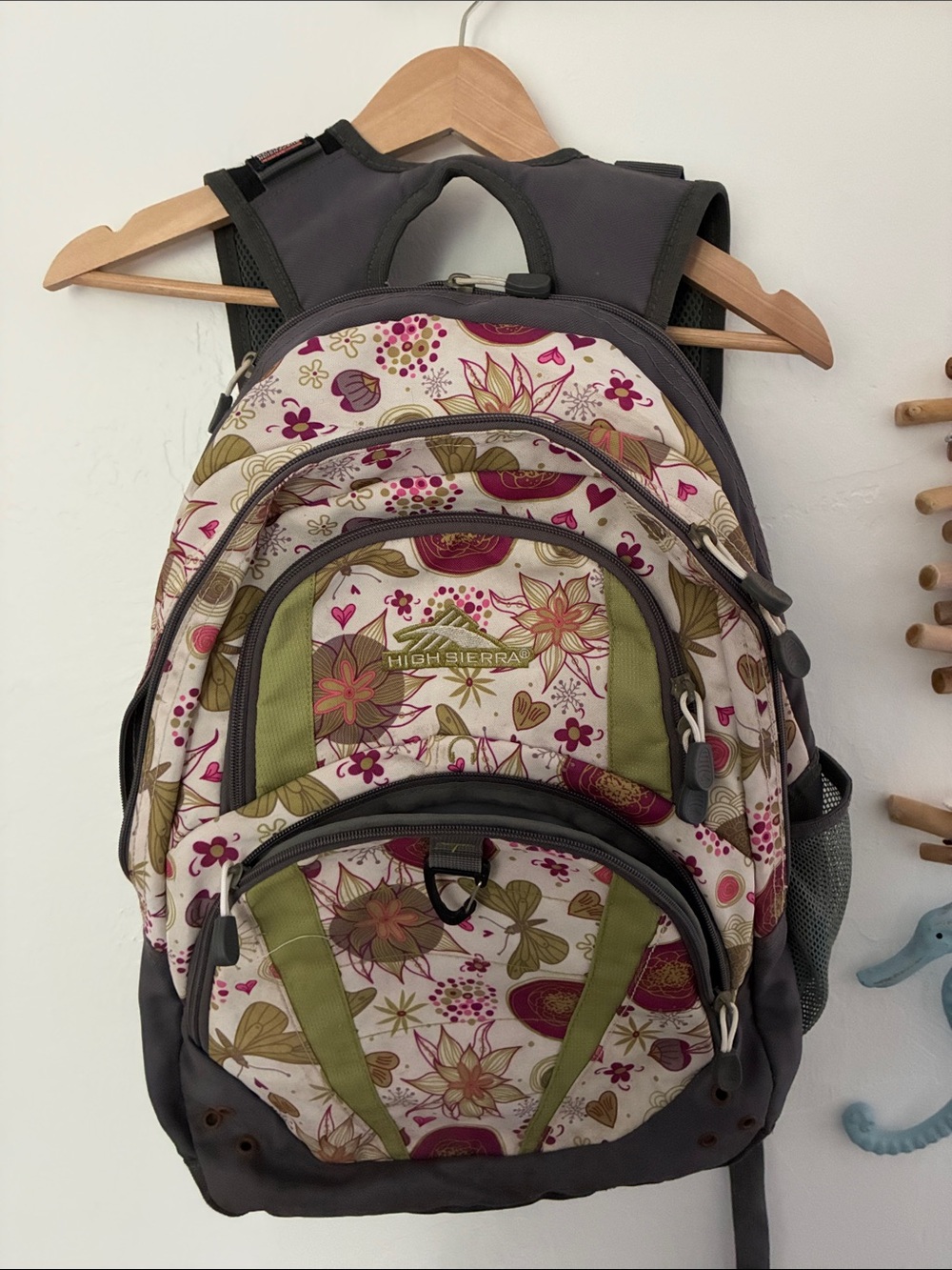 High Sierra Floral Backpack in Olive Green and Pink